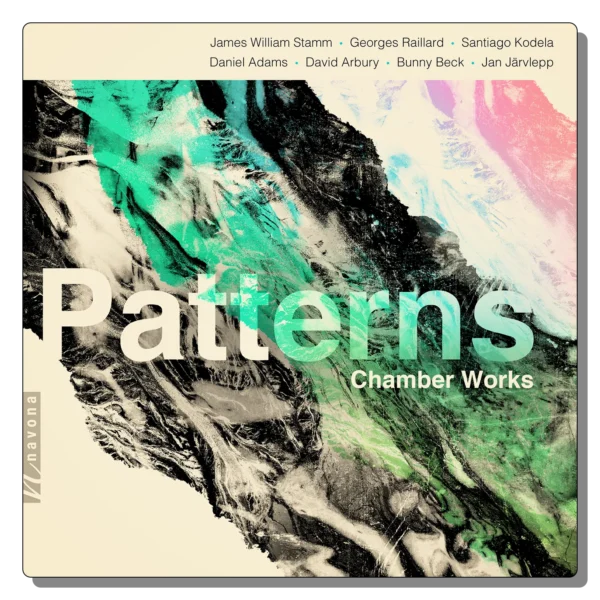 Album cover for Patterns (2019) – Chamber Works, featuring abstract green, black, and white textures with bold typography and Navona Records branding.