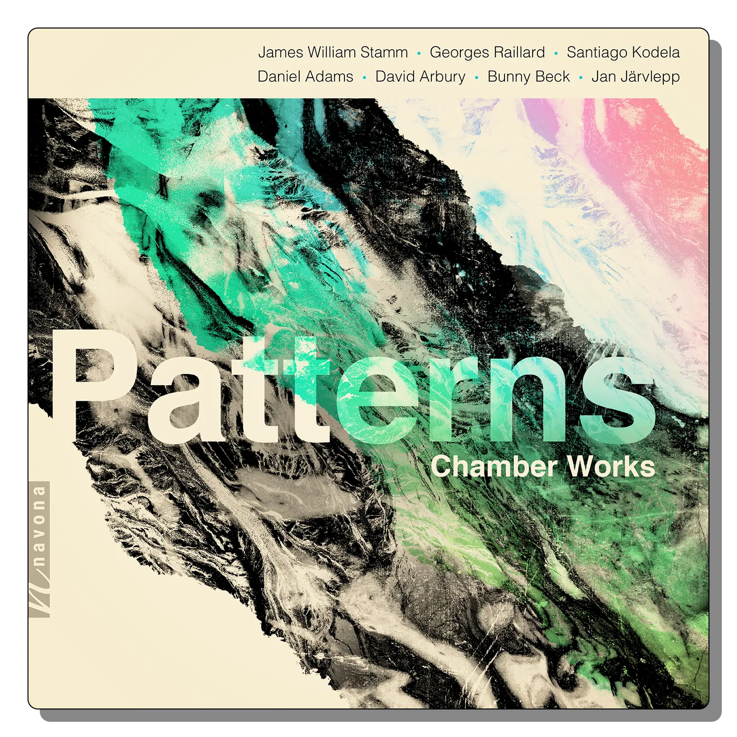 Album cover for Patterns (2019) – Chamber Works, featuring abstract green, black, and white textures with bold typography and Navona Records branding.