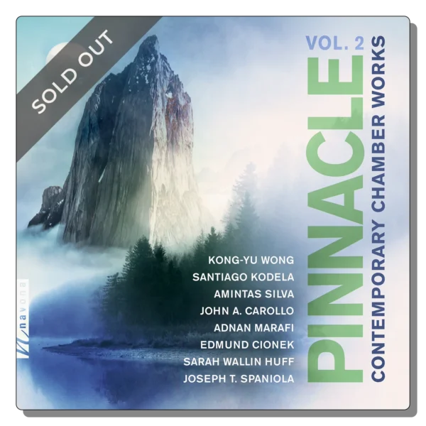 Album cover for Pinnacle, Vol. 2 – Contemporary Chamber Works featuring a mist-covered mountain landscape with a “Sold Out” ribbon overlay and Navona Records branding.