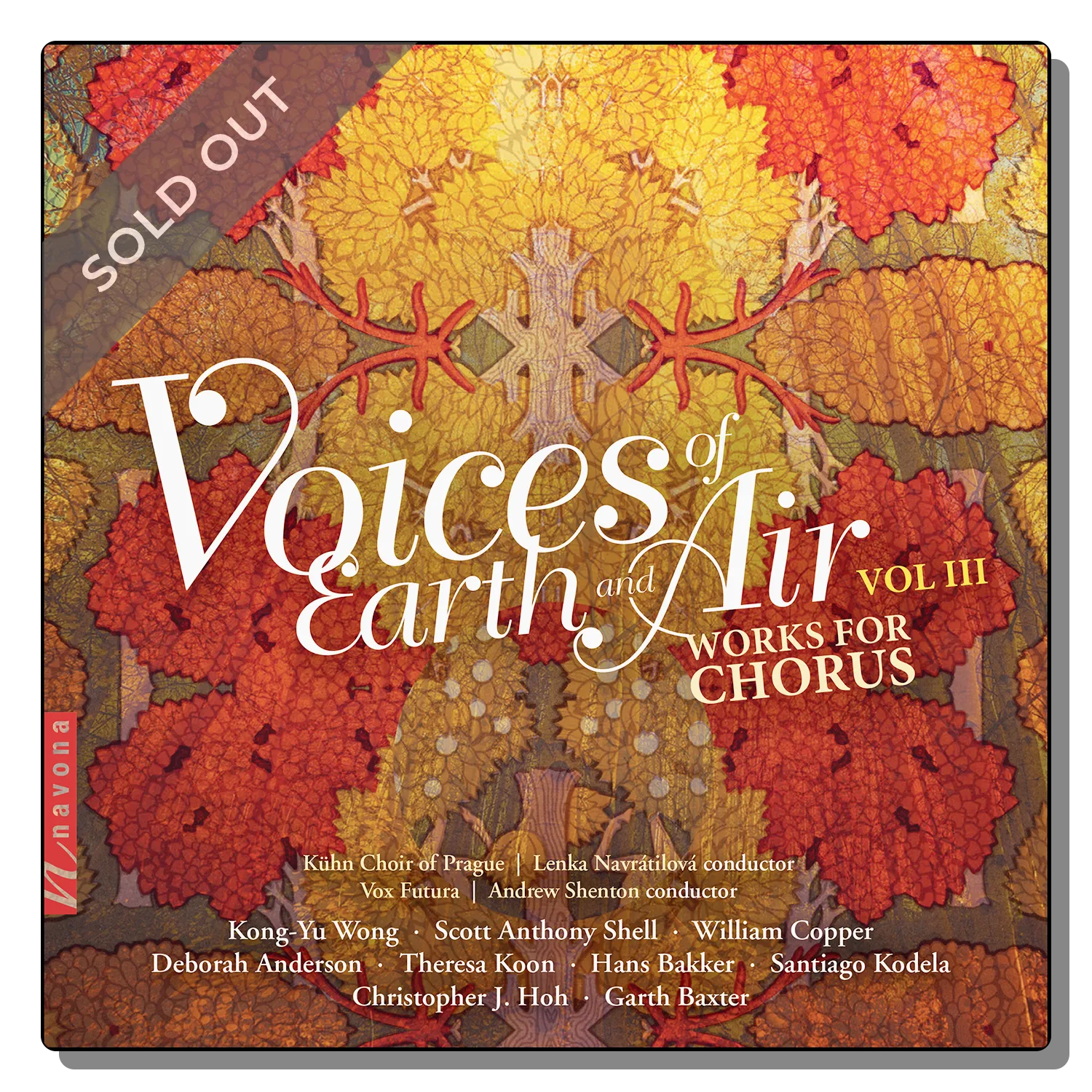 Album cover for Voices of Earth and Air, Vol. III – Works for Chorus, featuring a symmetrical autumn leaf pattern in red, orange, and gold tones with Navona Records branding and “Sold Out” ribbon overlay.