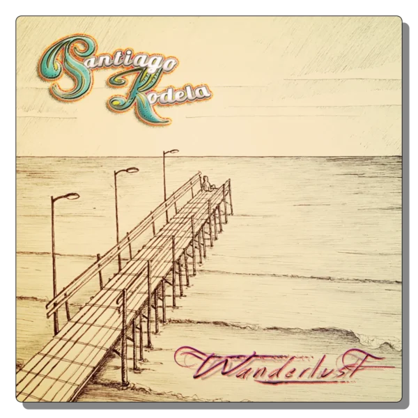 Album cover for Wanderlust (2015) by Santiago Kodela featuring a sepia-toned illustration of a wooden pier extending into the sea with stylized typography.